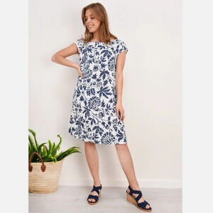 LUNG O L'ARNO cap sleeve dress blue white floral linen pockets summer coastal